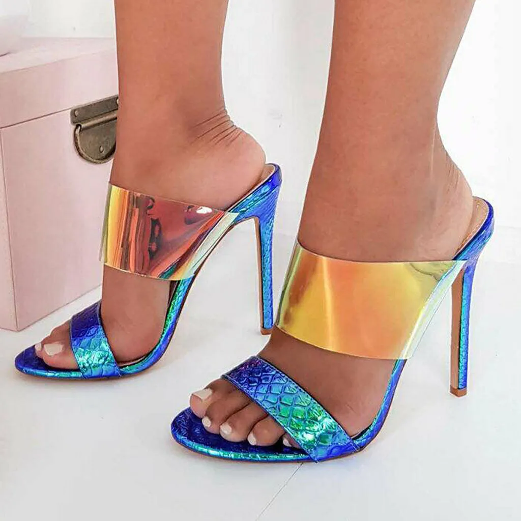 

Women's Colorful PVC Transparent Belt Slip On Slippers Open Toe Sexy Super Thin High Heeled Snake Skin One Word belt Slides