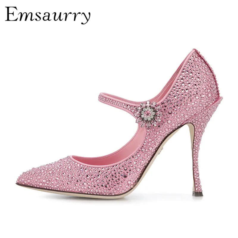 

Bling Drill Rhinestone Women Pumps Jewelled Thin High Heels Pointed Toe Shallow Belt Pink Blue Bridal Wedding Shoes Woman