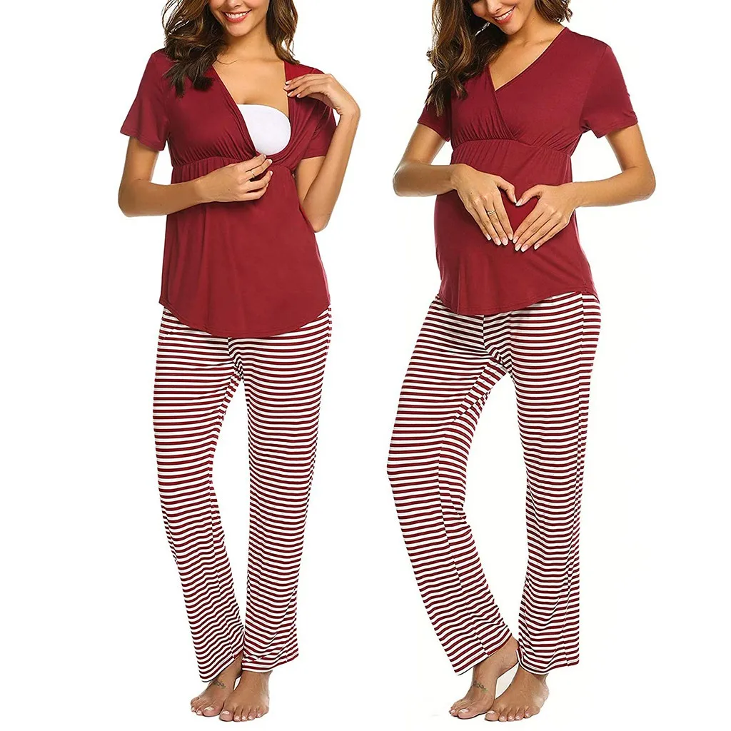 

2019 Women Maternity V-neck Nursing Baby T-shirt Tops+Stripe Pants Pajamas Set V-neck nursing suit ropa premama embarazadas