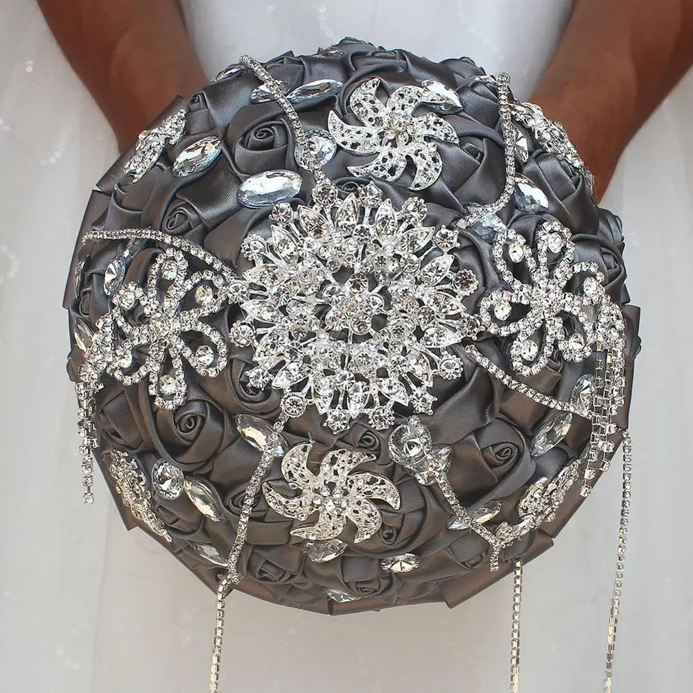 18CM Silk Rose Wedding Bouquet Crystal Brooch Bridal Rhinestone Fringe Bridesmaid Holding Flowers Multi-color Optional | Дом и сад