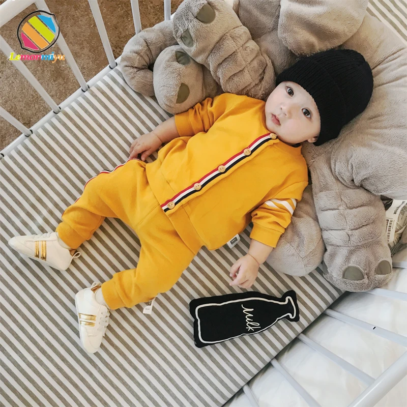 

Lemonmiyu Baby Sets Cotton Unisex Solid O-Neck Worsted Tops Single Breasted Three Colors Mid Elastic Waist Toddler Babysuits