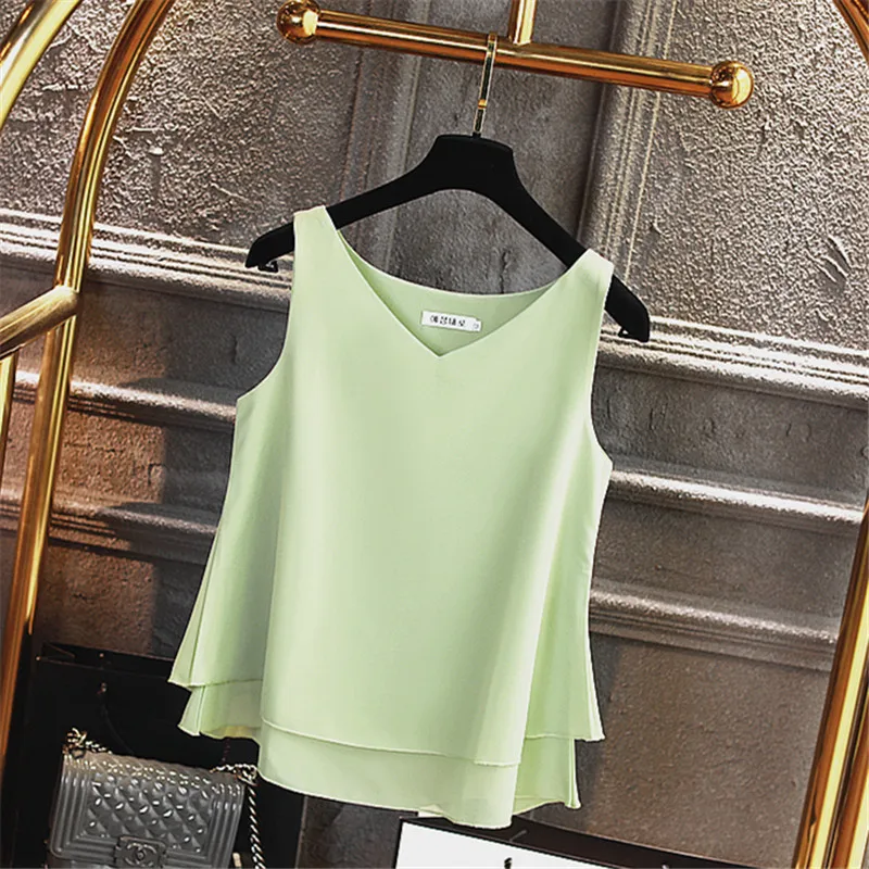 2019 Модная брендовая женская блузка Летний шифон без рукавов рубашка однотонная с v-образным вырезом Повседневная блузка плюс размер 4XL