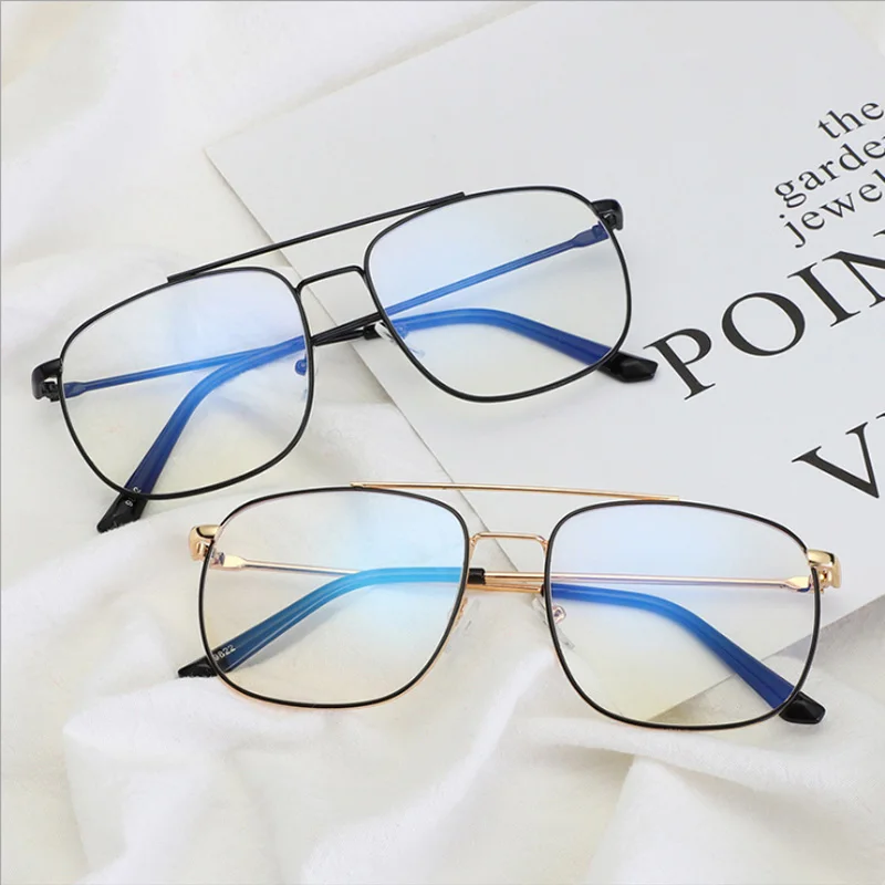 

New double beam pilot glasses frame metal flat mirror round frame glasses frame 0 degree lens anti-blue light UV glasses