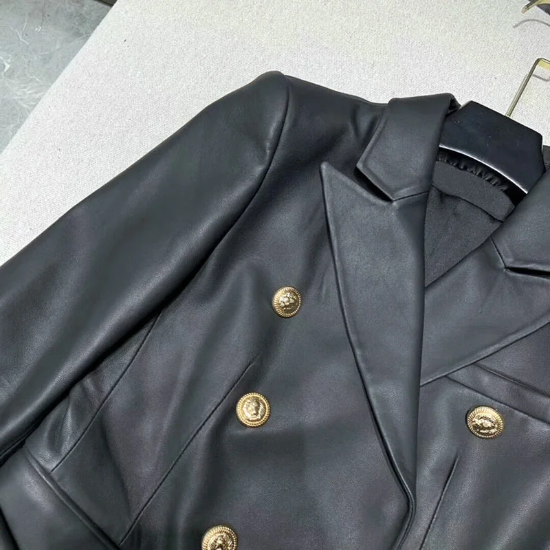 Весенне-осенний Женский блейзер из искусственной кожи, модный двубортный пиджак из искусственной кожи на пуговицах, Повседневная черно-белая куртка