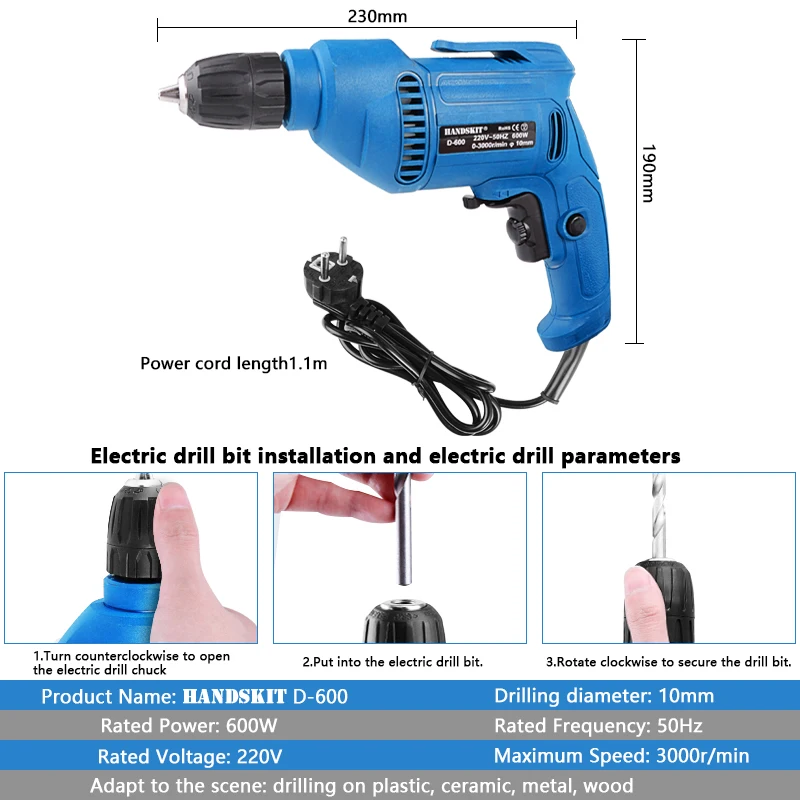 Handskit 220V электрическая дрель с сверлами, набор аккумуляторных сверл, Набор отверток, аккумуляторная отвертка, электроинструменты