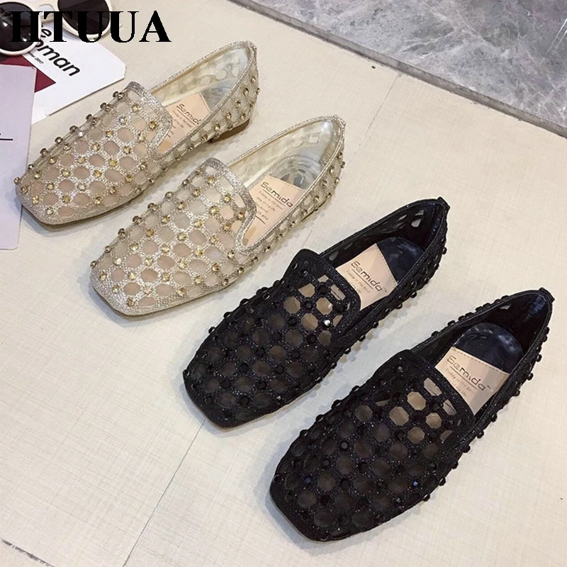 

HTUUA New 2019 Autumn Summer Square Toe Crystal Mesh Women Shoes Breathable Cozy Soft Sole Flat Shoes Woman Ballet Flats SX2918