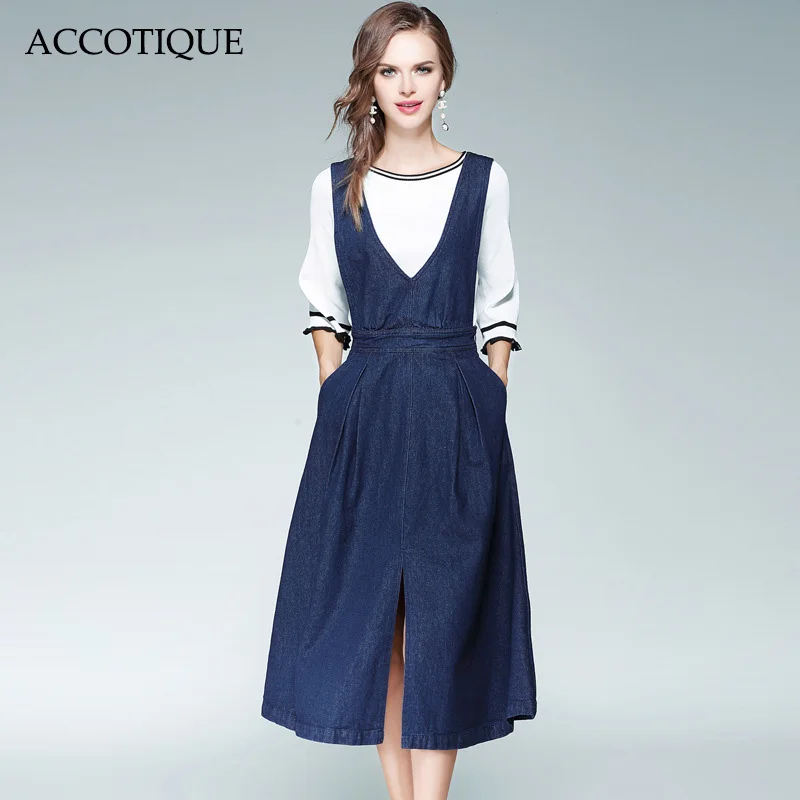 

Free Shipping New Autumn Womens Fashion Solid Slash Neck Slim White Knitted Sweater + Denim Dress 2Pieces Sets Conjunto Feminino