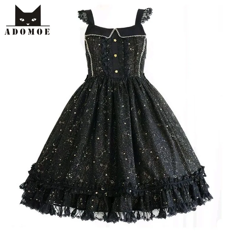 Новое летнее платье без рукавов в стиле Лолиты, женское мягкое винтажное обтягивающее черное платье с принтом звездного неба