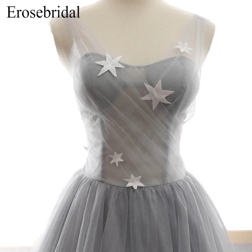 Simple Tulle Grey 2019 Evening Dress Long A Line Sexy Illusion Bodice Elegant robe de soiree Lace Up Back Vestido De Festa Simple Tulle Grey 2019 Evening Dress Long A Line Sexy Illusion Bodice Elegant robe de soiree Lace Up Back Vestido De Festa