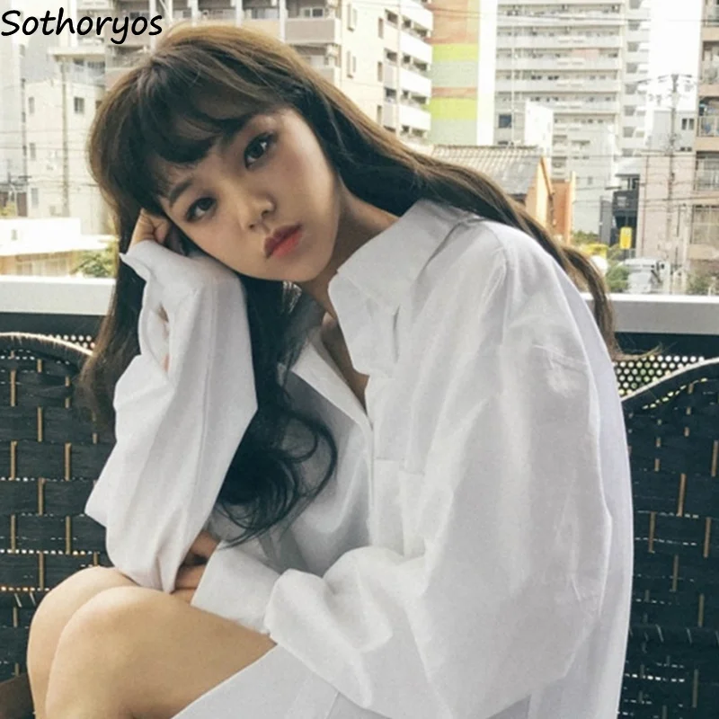 

Shirts Women Single Breasted Long Sleeve Solid Womens Loose Shirt Chic Simple Ladies Korean Style All-match Leisure Blouses