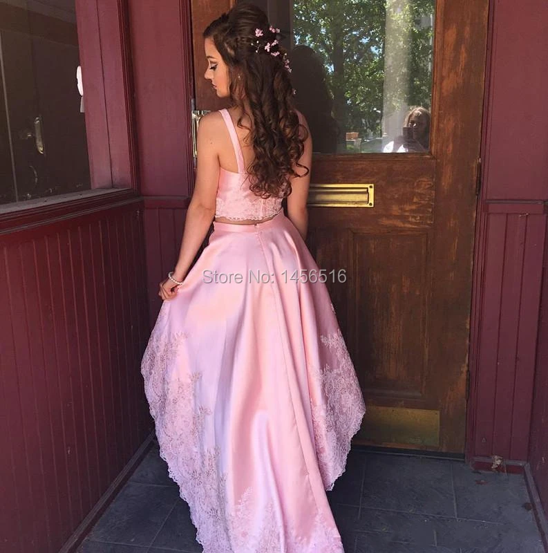 Fashion Two Pieces Prom dresses 2018 Spaghetti Straps Zipper Back Vestidos De Novia Lace Applique Satin High Low Formal Party Gowns (3)