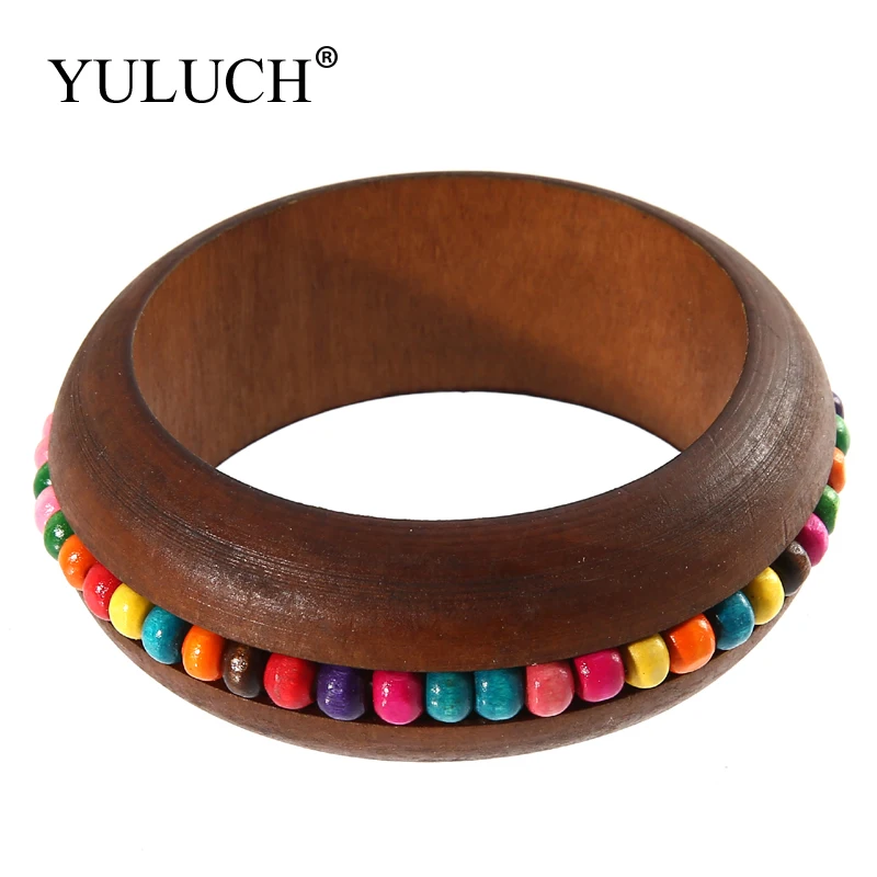 YULUCH круглый натуральный деревянный простой браслет с разноцветными бусинами для женщин девушек деревянный браслет ювелирные изделия большие браслеты