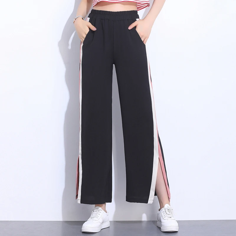 Новые женские ice silk свободные штаны женский летнее свободное до щиколотки Штаны высокое с эластичной талией повседневные разрез сбоку полоса впитывает пот и Штаны
