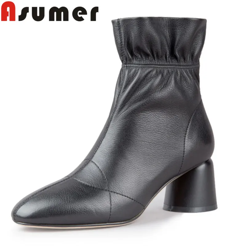 

ASUMER 2018 NEW adult ankle boots for women pointed toe solid autumn boots thick heels simple genuine leather boots size34-39