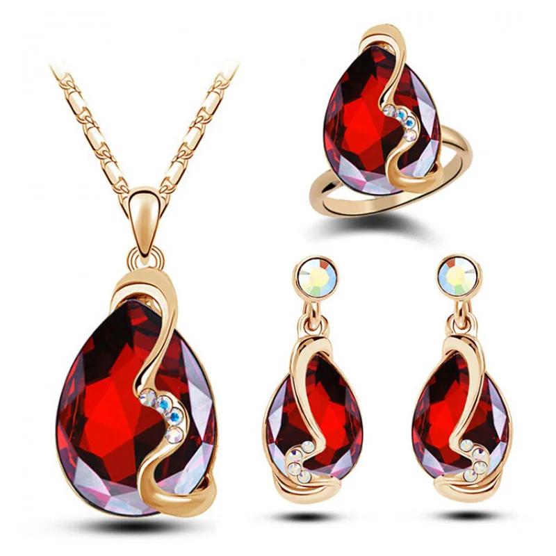 

Liffly Fashion luxury Austria Crystal Necklace Earrings Ring Three-piece Set Charm Women Wedding Party Gift Jewelry Sets