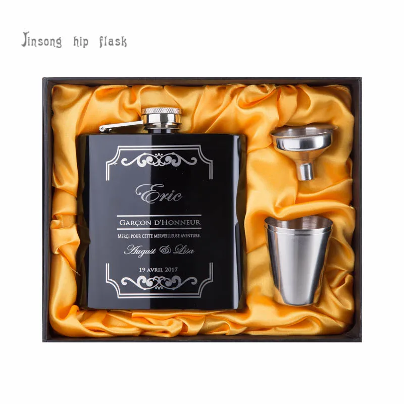 personalized 6 oz black stainless steel hip flask set with two cups and funnel 