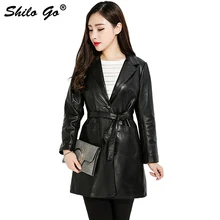 SHILO GO кожаный Тренч Женская Осенняя мода Овчина натуральная кожа пальто лаконичный лацкан и пояс офисное OL Черное длинное пальто