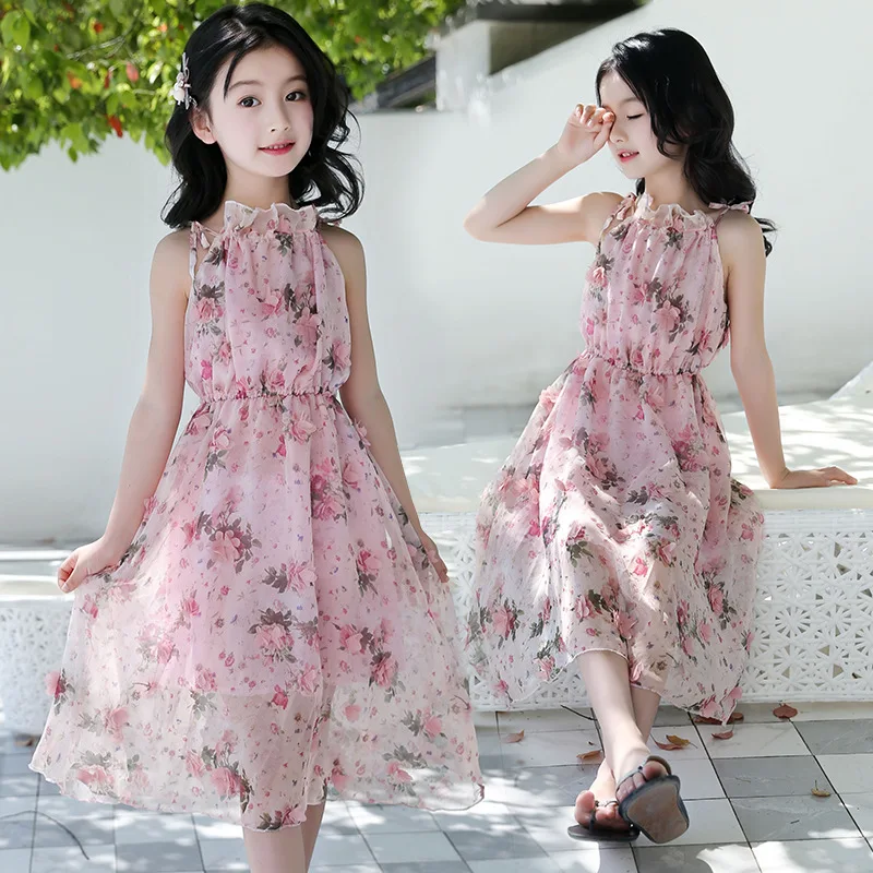 

Teen Dress Girl Summer Sling Floral Dress Kids Princess Elegant Ruffles Sweet Pink Dresses Beach Party Child Girls Clothes 4-12Y