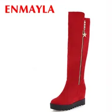 ENMAYLA/флоковая обувь на высоком каблуке женские зимние сапоги до колена без застежки с металлической молнией теплые сапоги на платформе, увеличивающие рост большой размер