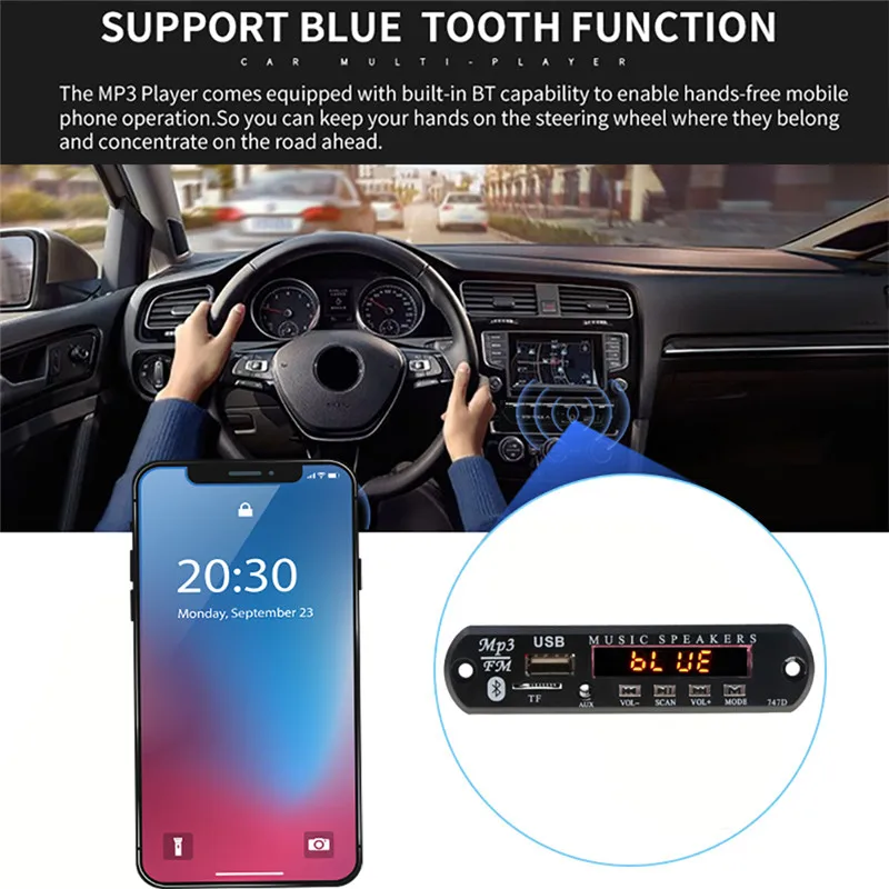 With Mic Handsfree Bluetooth MP3 Decoder Board Car FM Radio Module  Support FM TF USB AUX Audio Player Bluetooth car kit 12V1