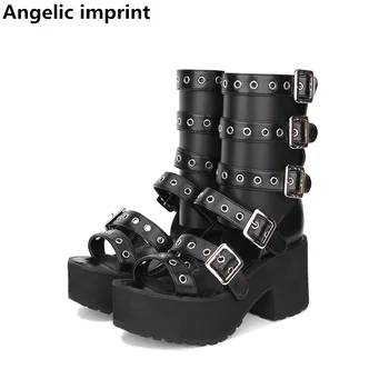 

Angelic imprint mori girl Women punk motorcycle shoe lady lolita ankle Boots woman high trifle heels pumps summer sandals 8cm