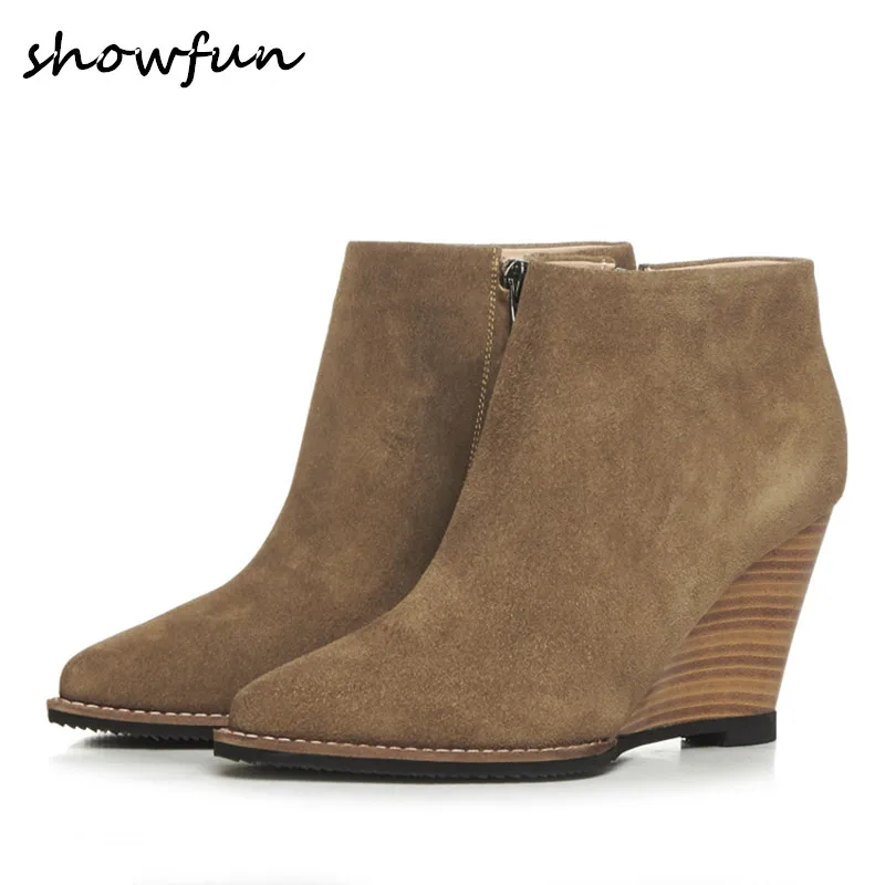 

2017 Women's Autumn Wedge Ankle Boots Pointed Toe Brand Designer Short Booties Female Footwear Genuine Leather Shoes for Women