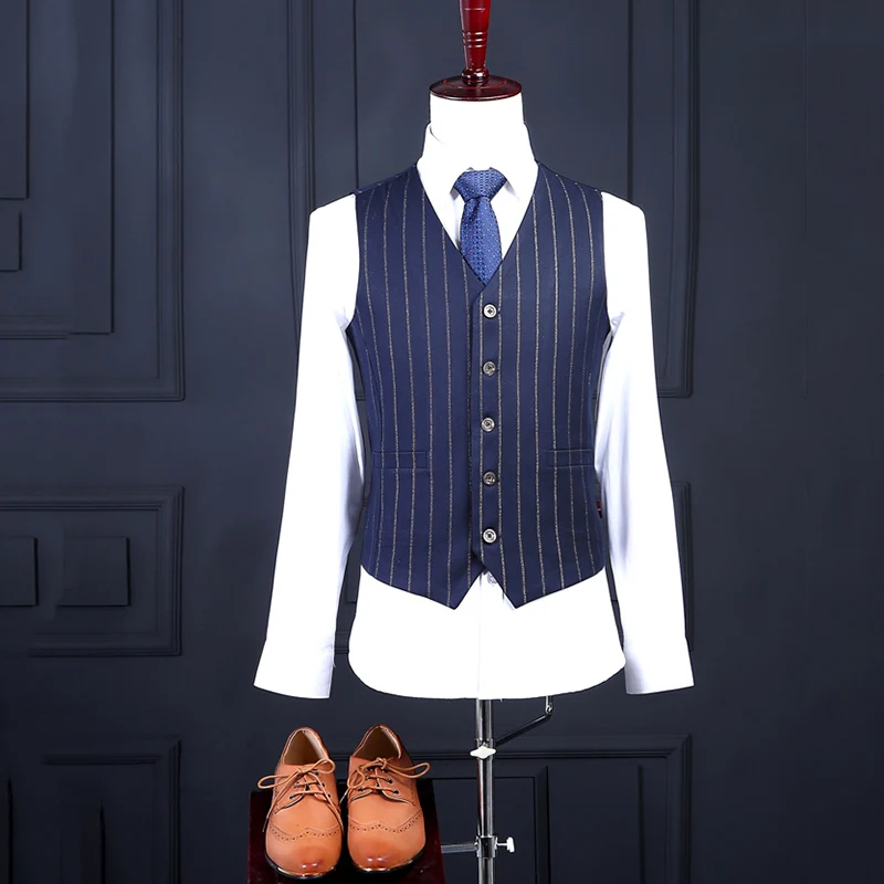 Men Double Breasted Tailored Suit Slim Fit Custom Made Pinstripe Navy Blue Wedding Suits For Men|blue wedding suit|tailored suitwedding suit |