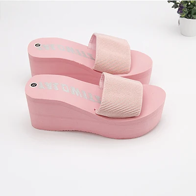 Дешевые простые тапочки Chanclas из эластичной ткани; женские пляжные сланцы на высоком каблуке; летние сандалии на платформе; zapatos mujer; женская обувь - Цвет: pink 7cm
