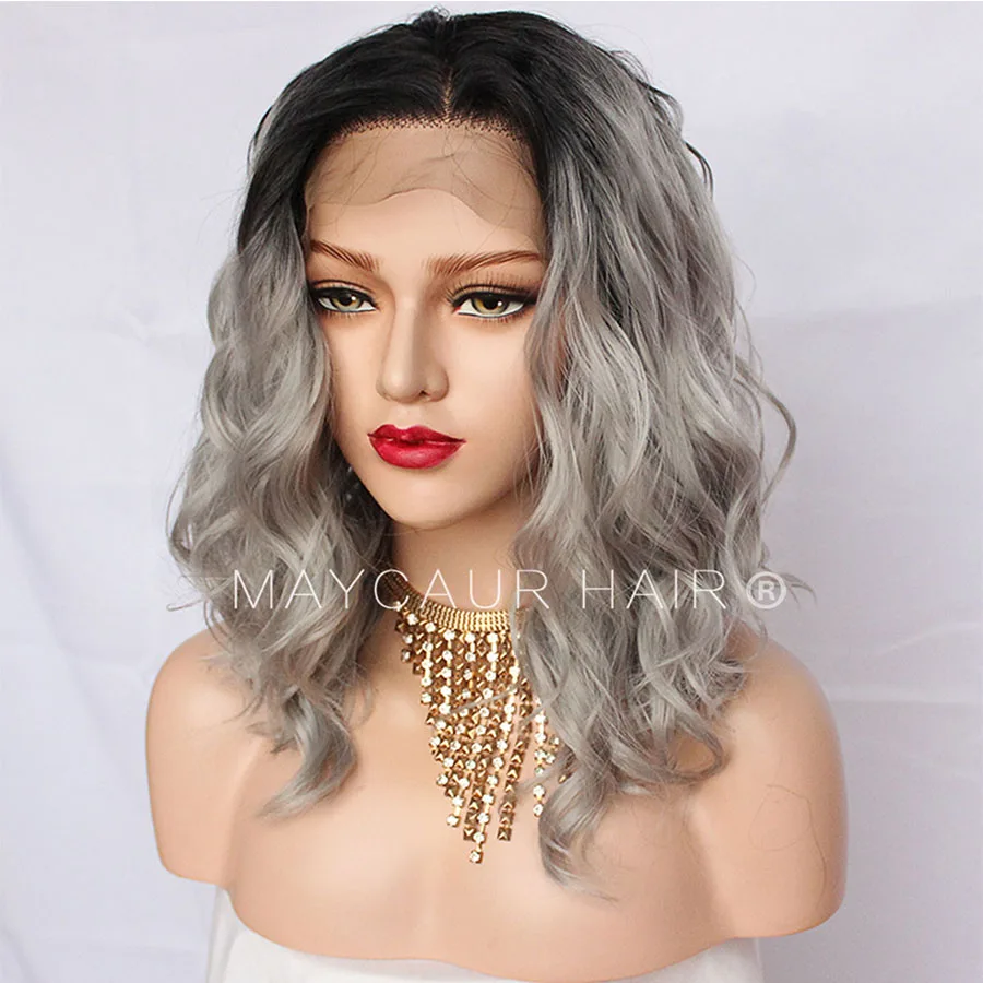 Maycaur Hair Lace Front Synthetic Wigs Short Curly Heat Resistant Hair Black Gray Wig with Baby Hair for Women ( B (5)
