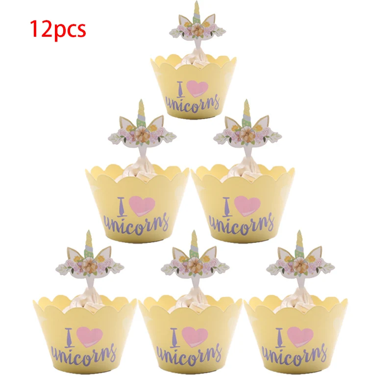 24 шт./лот, обертки для кексов с изображением Микки Мауса, 12 топперов+ 12 вставок, украшения для дома на свадьбу, день рождения - Цвет: Yellow unicorn