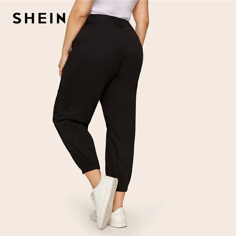 SHEIN плюс размер черные карманные боковые однотонные укороченные брюки Женские повседневные весенне-осенние женские базовые штаны-шаровары