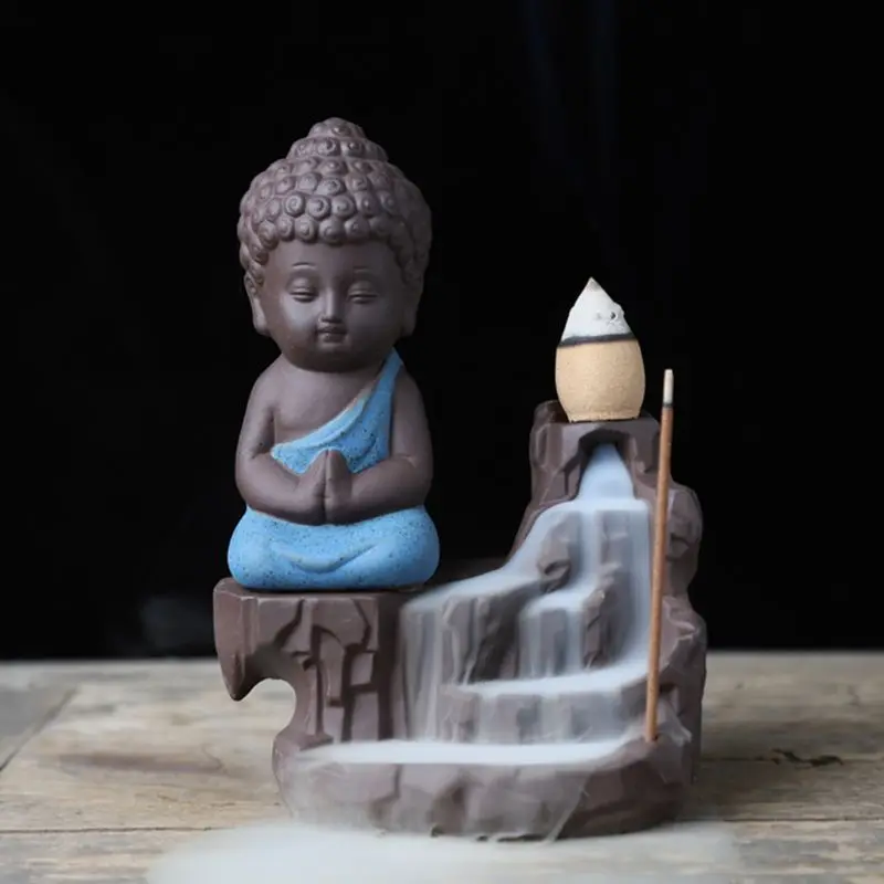 Reflow Ceramic Little Monk Buddha Smoke Backflow Cone Stick Censer Incense Burner Holder Decoration Aromatherapy