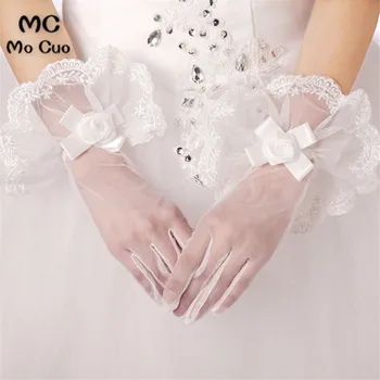 

Hot Sale 2018 New Cheap In Stock Finger wrist Bow Lace Hollow Short Bridal Gloves Wedding Accessories
