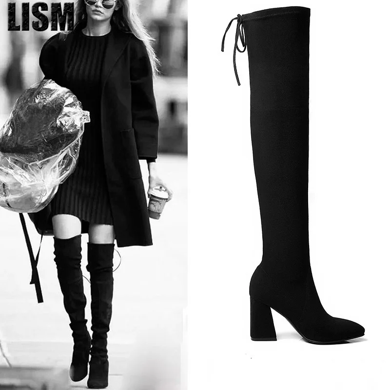 

2018 winter boots long over the knee boots thick with elastic high-heeled boots thigh high boots