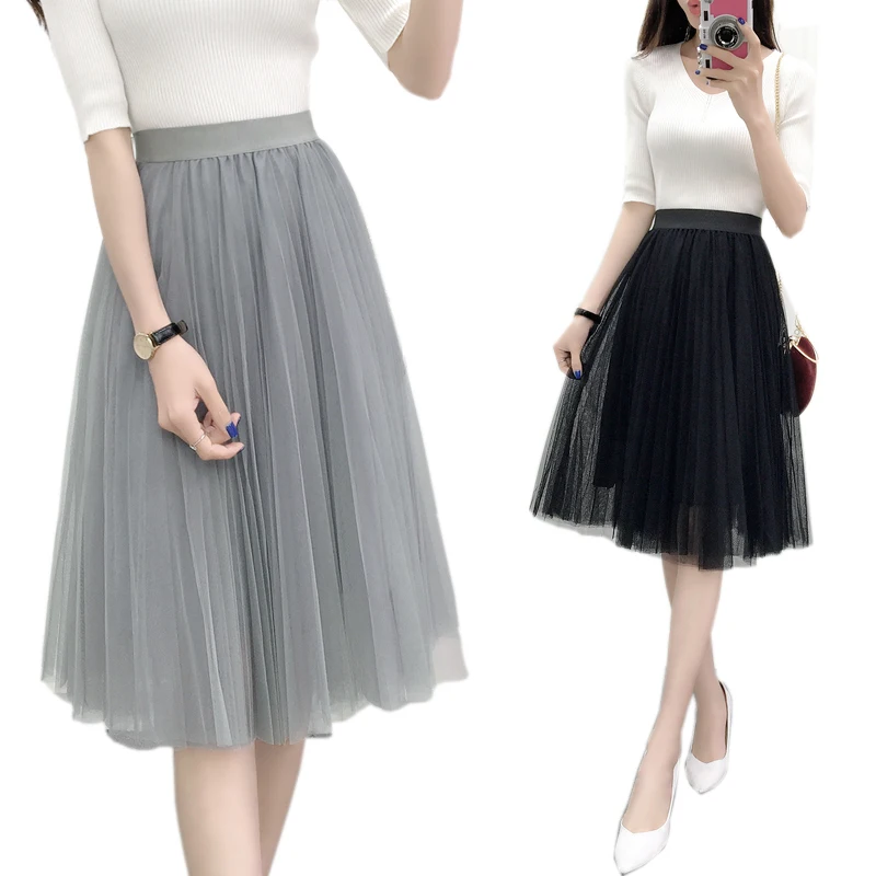 

2018 New Korean Style Summer Women High Waisted Pleated Lace Black Skirts Female Casual Three Layers Mesh Long Skirts Womens