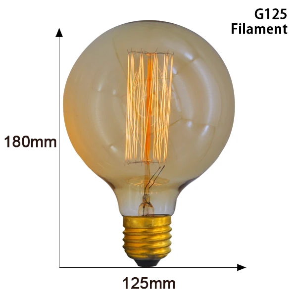 Винтажный светильник, лампочка эдисона, лампа Эдисона 40 Вт, 220 В, ST64, T45, G80, G95, G125, ампульная нить, E27, светильник, лампочка, ретро ампула - Цвет: G125 Filament