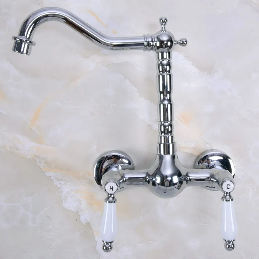 

Polished Chrome Brass Wall Mounted Double Ceramic Handles Levers Bathroom Kitchen Sink Faucet Mixer Tap Swivel Spout anf960