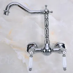 Polished Chrome Brass Wall Mounted Double Ceramic Handles Levers Bathroom Kitchen Sink Faucet Mixer Tap Swivel Spout anf960