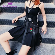 Панк Harajuku стиль Роза вышивка карманные, на цепочке Высокая талия плиссированная юбка Готический уличная Женская мода короткие юбки