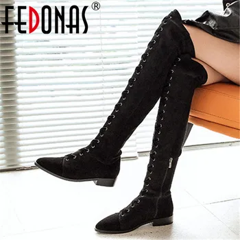

FEDONAS Women Genuine Leather Over The Knee Boots Winter Punk Cross-tied Zipper Motorcycle Boots Party Night Club Shoes Woman