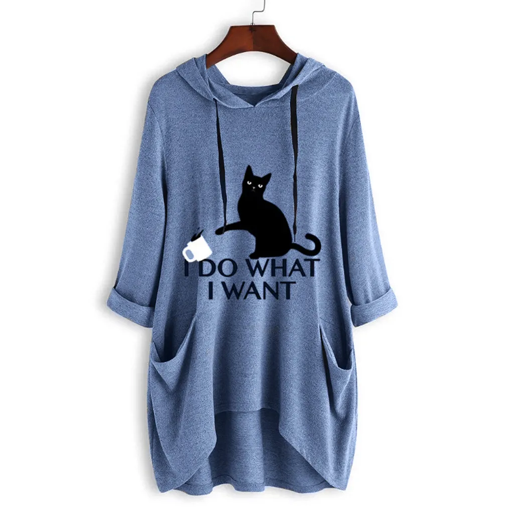 JAYCOSIN футболка Женская топы Повседневная печать кошка с капюшоном футболка длинная рубашка карман Нерегулярные Длинные рукава плюс размер женская футболка 722