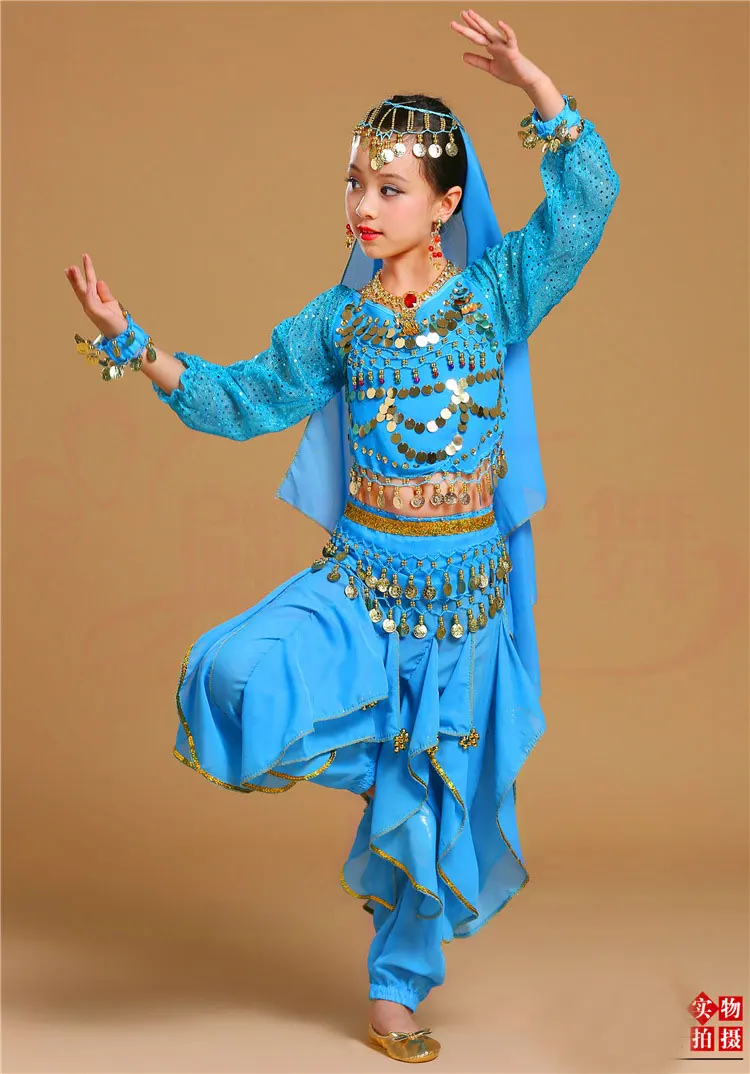 Костюм для танца живота с длинным рукавом для девочек, Детский комплект для индийского танца, детские костюмы для танца живота для девочек, египетские танцевальные костюмы
