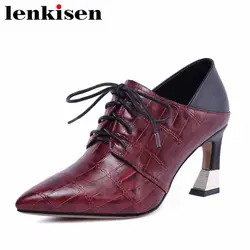 Lenkisen ретро большие размеры с острым носком Женщины Карьера туфли-лодочки смешанные цвета странные Обувь на высоком каблуке на шнуровке
