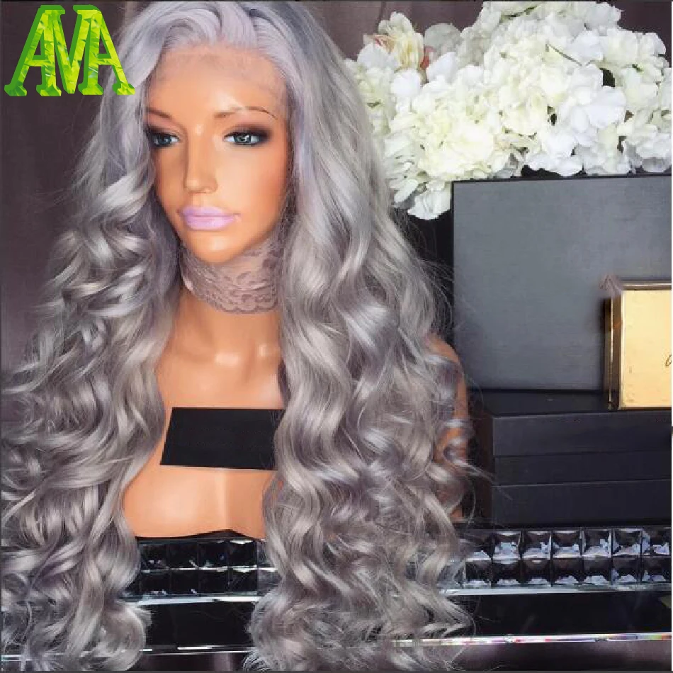 Hot Grey Human Hair Wigs Wavy Glueless Full Lace Wigs With Baby Hair 8A