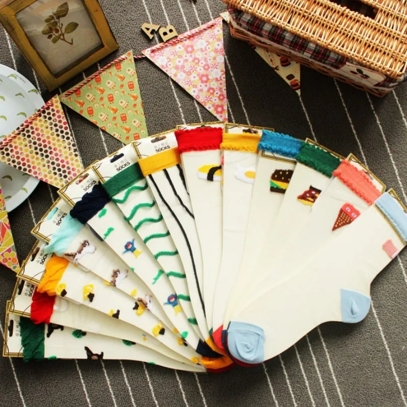 

LIONZONE 5Colors Transparent Food Sushi Ice Cream Burger Pizza Design Novetly Socks Women Crystal Glass Silk Socks