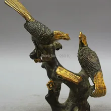 8 Китайский Бронзовый Gild Два pied сорока птица цветка сливы Скульптура Статуя