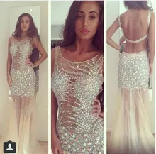 Mantel Lange Einbau Sparkly Tulle Kristallabendkleid Sexy Durchsichtig Open Back Luxus Abendkleid Vestido com pedras