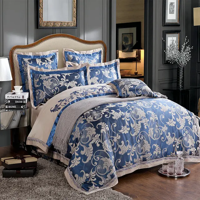 6PC luxury chinese silk duvet cover set dark blue and grey jacquard and