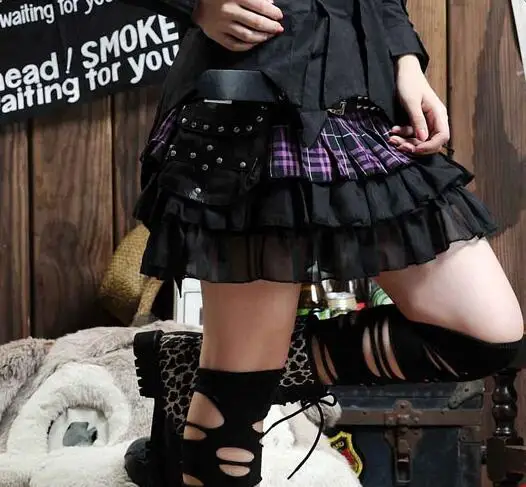 Японский стиль Харадзюку готический панк Лолита черный и красный шотландская клетка заклепки мини Многоуровневая юбка/поясная сумка в комплекте