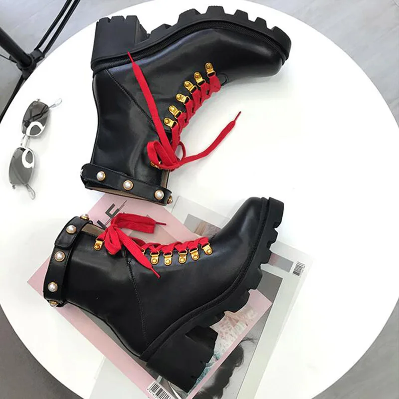 Real Leather Black Ankle Boots Women Round Toe Mixed Color Pearl Rivet High Heel Boots Woman Fashion Martin Boots